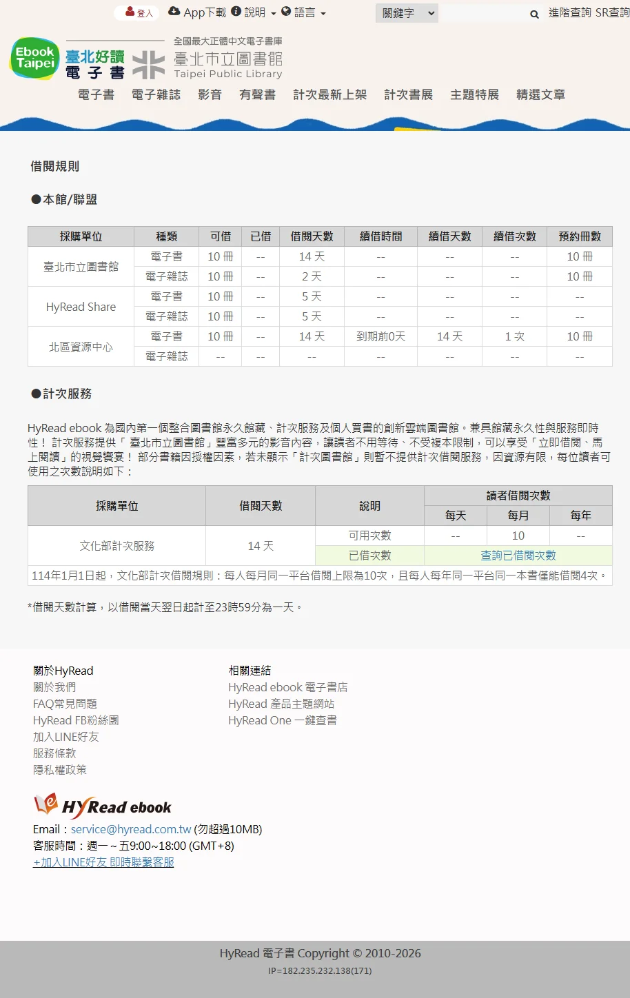 ▲ 台北市 HyRead 借閱規則頁實際截圖(2026/4),館藏上限 10 冊、計次每月 10 次